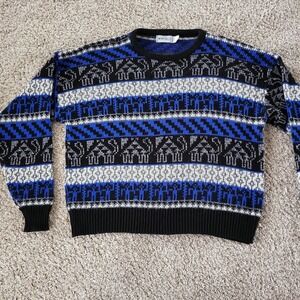 VINTAGE Montebello XL USA Made Knit Sweater Blue Black Geometric Crew Neck